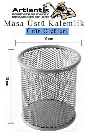 Gümüş Gri Silindir Masa Üstü Kalemlik 1 Adet Metal Fileli Renkli Perforeli Yuvarlak Kalemlik Ofis Büro Okul