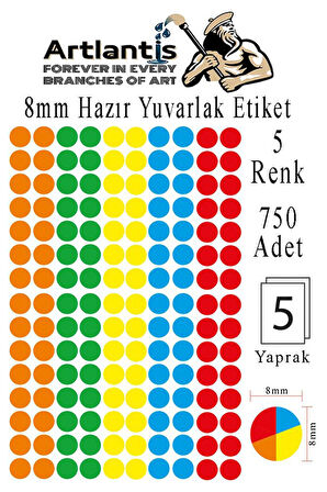 8 mm Renkli Hazır Yuvarlak Etiket 750 li 1 Paket Mix Color Ofis Etiketleri 127 Kendinden Yapışkanlı Nokta Etiket