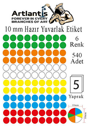 10 mm Renkli Hazır Yuvarlak Etiket 540 lı 1 Paket Mix Color Ofis Etiketleri 127 Kendinden Yapışkanlı Nokta Etiket