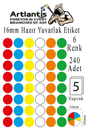 16 mm Renkli Hazır Yuvarlak Etiket 240 lı 1 Paket Mix Color Ofis Etiketleri Kendinden Yapışkanlı Nokta Etiket