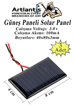 Güneş Paneli Solar Panel 8x4 cm 3 volt 100 mA 3 Adet Güneş Enerjisi Okul Sınıf Deney Çalışmaları 80x40 mm