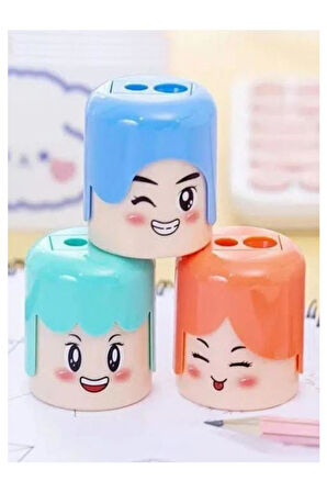 Çift Bıçaklı Hazneli Kalemtıraş 3 Adet Fiğürlü Iki Bıçaklı Jumbo Kalem Açaçağı Kalemtıraş Insan Yüz Modeli Plastik