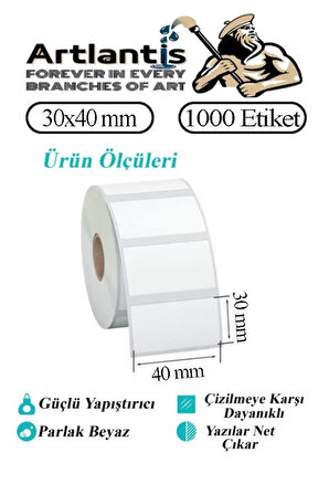 30X40 mm Barkod Etiketi Yapışkanlı 1 Adet Rulo Etiket Termal Barkot Terazi Etiketi 1000 li Barkod Yazıcılarına Uyumludur