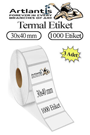 30X40 mm Barkod Etiketi Yapışkanlı 3 Adet Rulo Etiket Termal Barkot Terazi Etiketi 1000 li Barkod Yazıcılarına Uyumludur