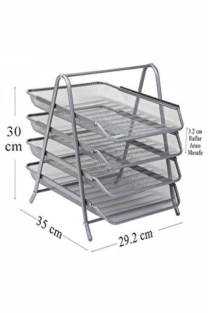 4 lü Metal Evrak Rafı Gri 1 Paket Masaüstü A4 Dosya Düzenleyici Kağıt Tepsisi Metal Çelik Fileli Dört Katlı Hareketli