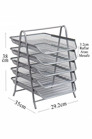 5 li Metal Evrak Rafı Gri 1 Paket Masaüstü A4 Dosya Düzenleyici Kağıt Tepsisi Metal Çelik Fileli Beş Katlı Hareketli