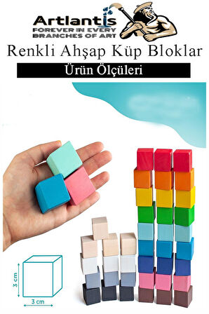 Renkli Ahşap Küp Bloklar 3x3x3 cm 32 Adet Ahşap Renkli Kare Blok Eğitici Geliştirici Oyuncak Küp Matematik Birim Küpleri