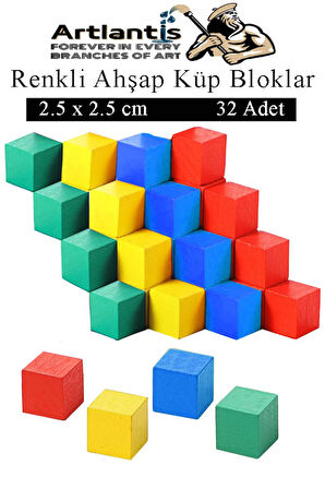 Renkli Ahşap Küp Bloklar 2.5x2.5 cm 32 Adet Ahşap Renkli Kare Blok Eğitici Geliştirici Oyuncak Küp Matematik Birim Küp