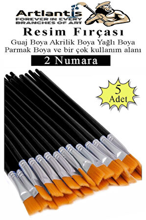 Resim Fırçası 2 Numara 5 Adet Yassı Uçlu Sentetik Resim Fırça Ekonomik Suluboya Akrilik Boya Guaj Boya Yağlı Boya