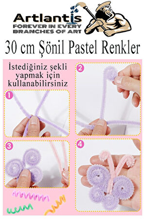 Şönil Pastel Renkler 30 cm 25 li 1 Paket Pastel Renkli Tüylü Tel Peluş Tel 30 cm Elişi Okul Projeleri Süsleme