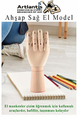 Ahşap Sağ El Modeli 18 cm 1 Adet Sağ El Maketi Çoçuk Ahşap Manken Sağ El Parmak Model Hareketli Esnek Eskiz Çizim Boyama