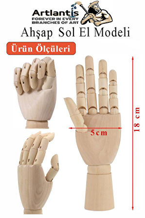 Ahşap Sol El Modeli 18 cm 1 Adet Sol El Maketi Çoçuk Ahşap Manken Sol El Parmak Model Hareketli Esnek Eskiz Çizim Boyama
