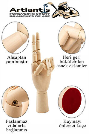 Ahşap Sol El Modeli 18 cm 1 Adet Sol El Maketi Çoçuk Ahşap Manken Sol El Parmak Model Hareketli Esnek Eskiz Çizim Boyama