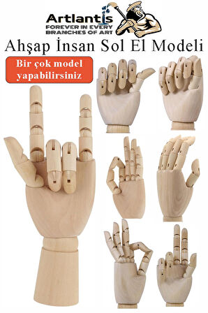 Ahşap Sol El Modeli 18 cm 1 Adet Sol El Maketi Çoçuk Ahşap Manken Sol El Parmak Model Hareketli Esnek Eskiz Çizim Boyama
