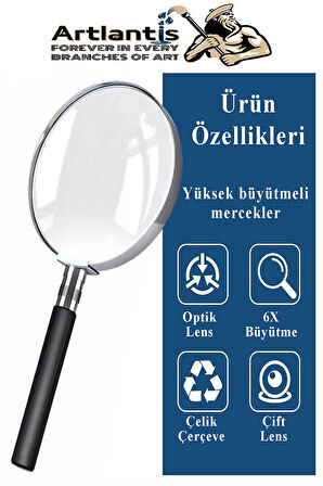 Metal Büyüteç 60 mm 1 Adet 6x Plastik Sap Çerçeveli 6 cm Büyüteç Merçek Okul Büro Ofis Krom Kaplama Büyüteç