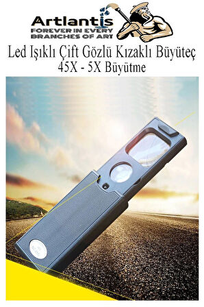 Led Işıklı Çift Gözlü Kızaklı Büyüteç 1 Adet Mor Işıklı 45X 5X Büyütme Lens El Tipi Lup Mercek Büyüteç Okul Büro Ofis
