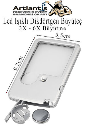 Led Işıklı Kart Tipi Büyüteç 1 Adet 3X 6X Büyütme Lens El Tipi Mercek Cep Büyüteç Kılıflı Okul Büro Ofis