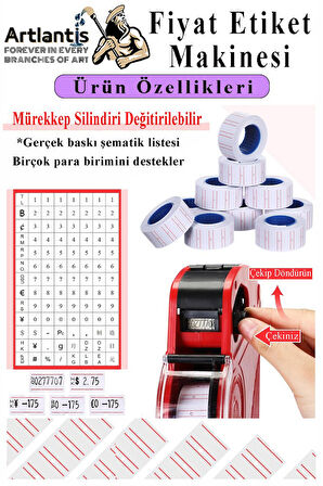 Etiket Makinesi Mavi 1 Adet Sarı Fiyat Etiketi 10 Rulo Sekiz Haneli Fiyat Etiketi Makinası Lira Dolar Euro Dayanıklı