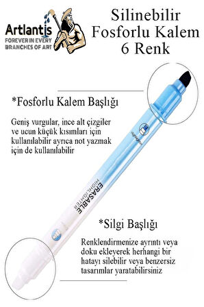 Silinebilir Fosforlu Kalem 6 Renk 1 Paket Mikro Silinebilir İşaretleme Kalemi Çift Başlı Pürüzsüz Yazma ve Silme