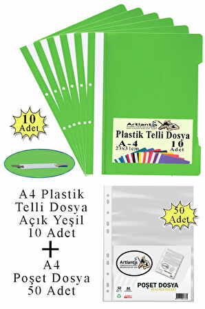 Telli Dosya Plastik A4 10 lu ve Poşet Dosya 50 li 1 Paket Ekonomik Kaliteli Şeffaf Kapak Telli Dosya Okul Büro Ofis