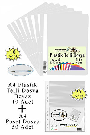 Telli Dosya Plastik A4 10 lu ve Poşet Dosya 50 li 1 Paket Ekonomik Kaliteli Şeffaf Kapak Telli Dosya Okul Büro Ofis