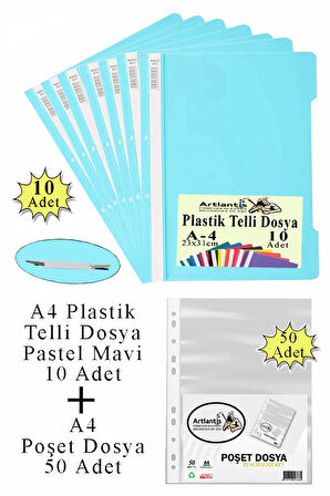 Telli Dosya Plastik A4 10 lu ve Poşet Dosya 50 li 1 Paket Ekonomik Kaliteli Şeffaf Kapak Telli Dosya Okul Büro Ofis