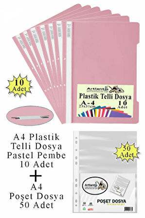 Telli Dosya Plastik A4 10 lu ve Poşet Dosya 50 li 1 Paket Ekonomik Kaliteli Şeffaf Kapak Telli Dosya Okul Büro Ofis