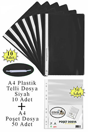 Telli Dosya Plastik A4 10 lu ve Poşet Dosya 50 li 1 Paket Ekonomik Kaliteli Şeffaf Kapak Telli Dosya Okul Büro Ofis