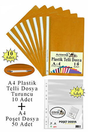 Telli Dosya Plastik A4 10 lu ve Poşet Dosya 50 li 1 Paket Ekonomik Kaliteli Şeffaf Kapak Telli Dosya Okul Büro Ofis