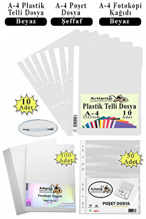Telli Dosya Plastik A4 10 lu Poşet Dosya 50 li A4 Fotokopi Kağıdı 100 Adet 1 Paket Ekonomik Kaliteli Şeffaf Kapak Dosya