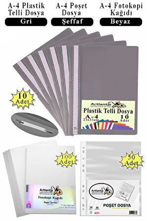 Telli Dosya Plastik A4 10 lu Poşet Dosya 50 li A4 Fotokopi Kağıdı 100 Adet 1 Paket Ekonomik Kaliteli Şeffaf Kapak Dosya