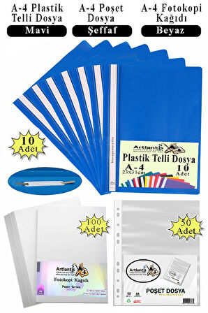 Telli Dosya Plastik A4 10 lu Poşet Dosya 50 li A4 Fotokopi Kağıdı 100 Adet 1 Paket Ekonomik Kaliteli Şeffaf Kapak Dosya