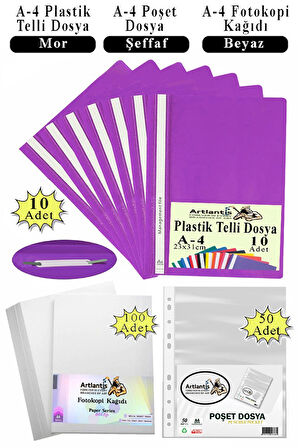 Telli Dosya Plastik A4 10 lu Poşet Dosya 50 li A4 Fotokopi Kağıdı 100 Adet 1 Paket Ekonomik Kaliteli Şeffaf Kapak Dosya