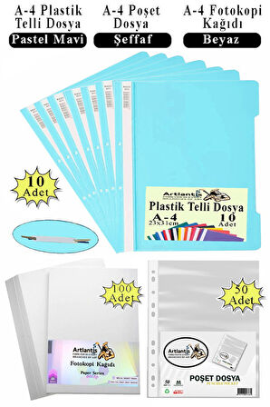 Telli Dosya Plastik A4 10 lu Poşet Dosya 50 li A4 Fotokopi Kağıdı 100 Adet 1 Paket Ekonomik Kaliteli Şeffaf Kapak Dosya