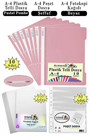 Telli Dosya Plastik A4 10 lu Poşet Dosya 50 li A4 Fotokopi Kağıdı 100 Adet 1 Paket Ekonomik Kaliteli Şeffaf Kapak Dosya