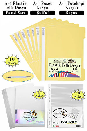 Telli Dosya Plastik A4 10 lu Poşet Dosya 50 li A4 Fotokopi Kağıdı 100 Adet 1 Paket Ekonomik Kaliteli Şeffaf Kapak Dosya