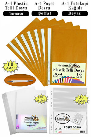 Telli Dosya Plastik A4 10 lu Poşet Dosya 50 li A4 Fotokopi Kağıdı 100 Adet 1 Paket Ekonomik Kaliteli Şeffaf Kapak Dosya