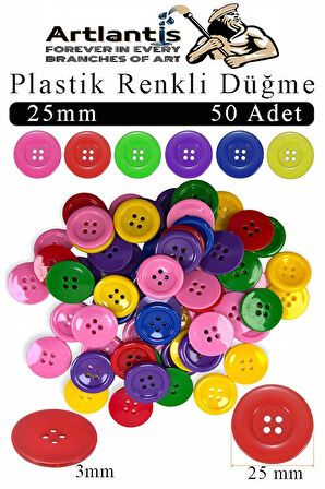Renkli Düğme Plastik 2.5 cm 50 li 1 Paket 25 mm Plastik Renkli Düğme Dikiş Parlak Yuvarlak 4 Delikli Düğme Etkinlik Okul