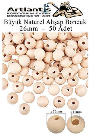 Naturel Ahşap Boncuk 26mm 50 li 1 Paket Ham Boyanabilir Ahşap Yuvarlak Doğal Boncuklar Takı Tasarım Ektinlik Kreş Okul