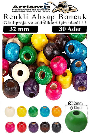 Renkli Ahşap Boncuk 32mm 30 lu 1 Paket Renkli Ahşap Boyalı Yuvarlak Doğal Boncuklar Saç Takı Tasarım Ektinlik Kreş Okul