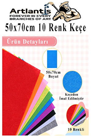 Keçe 50x70 cm 10 Renk 1 Paket 2.0 mm Renkli Hobi Keçesi Elişi Keçe Kumaşı Anasınıfı Kreş Okul Öncesi El Sanatları