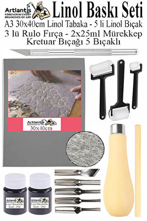 Linol Baskı Seti 1 Paket A3 30x40 Linolyum Tabaka Gri Kretuar Linol Oyma Seti 5 Bıçaklı Rulo Fırça Mürekkep Linol Baskı