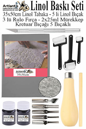 Linol Baskı Seti 1 Paket 35x50 cm Linolyum Tabaka Gri Kretuar Linol Oyma Seti 5 Bıçaklı Rulo Fırça Mürekkep Linol Baskı