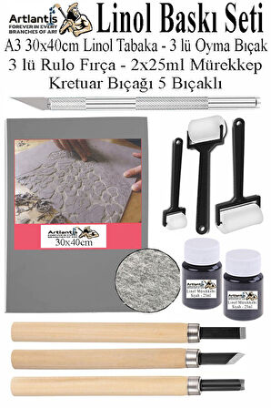 Linol Baskı Seti 1 Paket A3 30x40 Linolyum Tabaka Gri Linol Oyma Seti 3 Bıçaklı Kretuar Rulo Fırça Mürekkep Linol Baskı