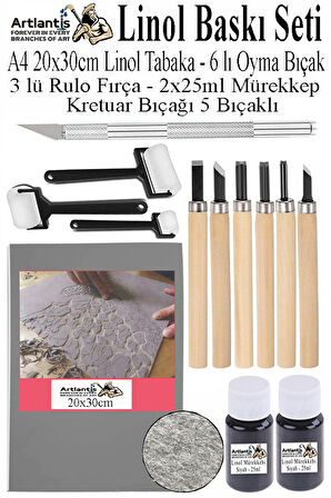 Linol Baskı Seti 1 Paket A4 20x30 Linolyum Tabaka Gri Linol Oyma Seti 6 Bıçaklı Kretuar Rulo Fırça Mürekkep Linol Baskı