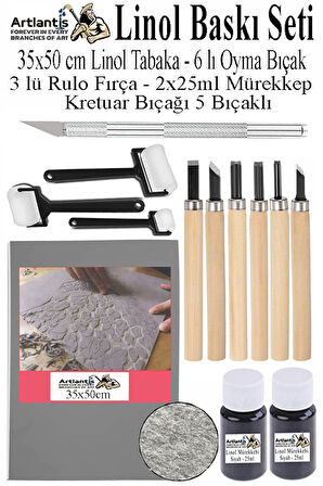 Linol Baskı Seti 1 Paket 35x50 cm Linolyum Tabaka Gri Linol Oyma Seti 6 Bıçaklı Kretuar Rulo Fırça Mürekkep Linol Baskı