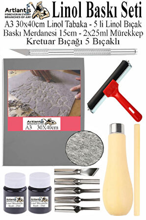 Linol Baskı Seti 1 Paket A3 30x40 Linolyum Tabaka Gri Linol Merdane Oyma Seti 5 Bıçaklı Rulo Fırça Mürekkep Linol Baskı