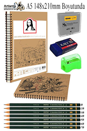 Telli A5 Kraft Eskiz Defteri Spiralli 50 Yaprak Karakalem Çizim Seti Fatih Dereceli Kalem Yandan Açmalı Sketch Pad Sigi