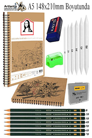 Telli A5 Kraft Eskiz Defteri Spiralli 50 Yaprak Karakalem Çizim Seti Sketch Pad Gölgelendirme Dereceli Kalem Yandan Açma