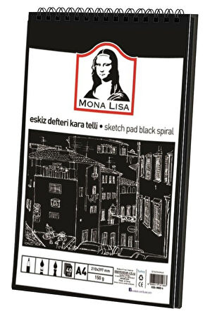 Telli Eskiz Defteri Siyah A4 1 Adet Spiralli Siyah Eskiz Defteri 150 gr 40 Yaprak Grafit Yağlı Pastel Jel Mürekkep Kalem
